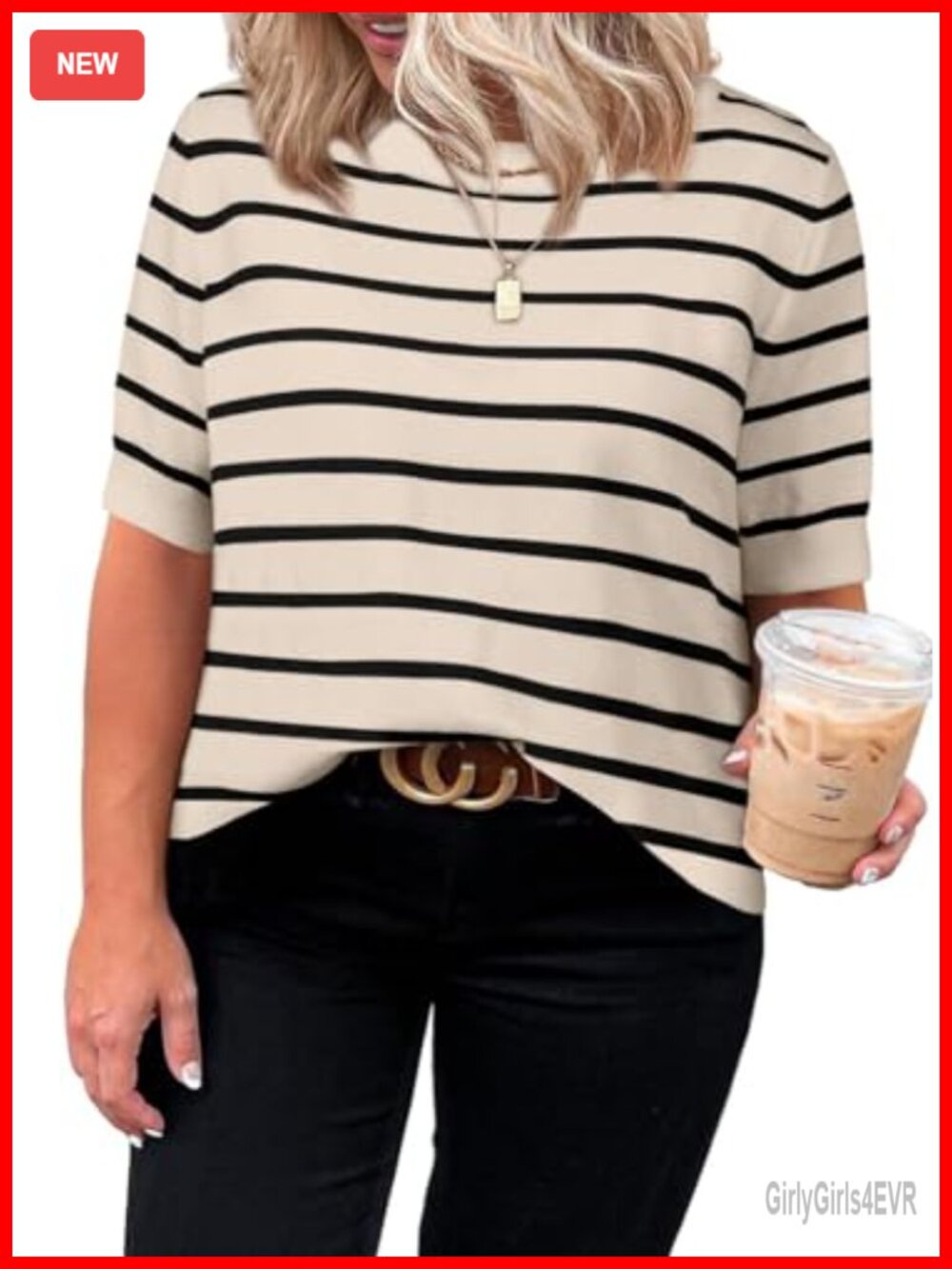 Women's Plus Size Striped Short Sleeve Crewneck Knit Sweater Top